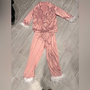 COPY - Satin silk pjs with feathers on cuffs